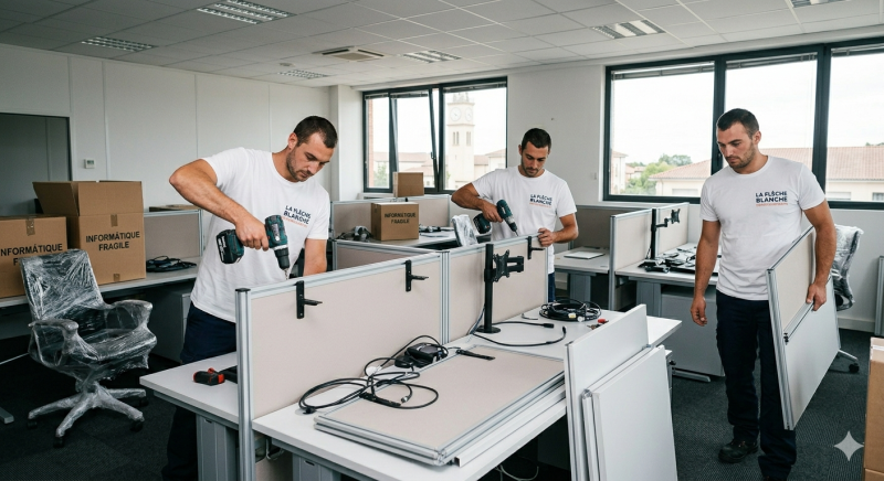 Transfert d'entreprise : Le savoir-faire technique de LA FLÈCHE BLANCHE pour le démontage de vos bureaux à Tassin